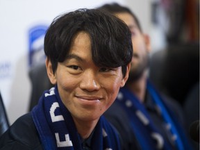 Son Yongchan. left, and Ajay Khabra, right, are two  of the new players announced by FC Edmonton on Thursday, Dec. 13, 2018, in Edmonton.