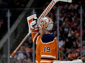 The Edmonton Oilers' goalie Mikko Koskinen (19) during second period NHL action against the Philadelphia Flyers at Rogers Place, in Edmonton Friday Dec. 14, 2018.