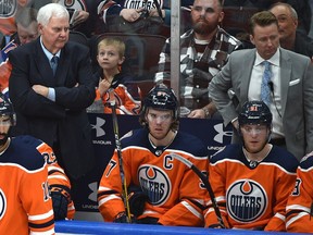 Edmonton Oilers head coach Ken Hitchcock behind not a happy bench after losing to the San Jose Sharks 7-4 during NHL action at Rogers Place in Edmonton, December 29, 2018.