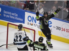 Edmonton Oil Kings Dylan Guenther celebrates a goal against the Kootenay Ice during first period WHL action on  Sunday, Dec. 16, 2018, in Edmonton.