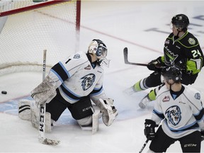Edmonton Oil Kings Brett Kemp (24) scores on Kootenay Ice's goaltender Jesse Makaj during second period WHL action on  Sunday, Dec. 16, 2018, in Edmonton.