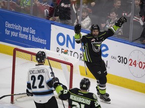 Edmonton Oil Kings Dylan Guenther celebrates a goal against the Kootenay Ice during first period WHL action on  Sunday, Dec. 16, 2018, in Edmonton.