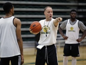 University of Alberta Golden Bears basketball team head coach Barnaby Craddock (middle) conducts team practice at Saville Community Sports Centre in Edmonton on January 3, 2017. (Photo by Larry Wong/Postmedia Network)
