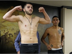 Erik Bazinyan (left) and Adrian Flores (right) at the official weigh-in on December 13, 2018. They will fight in the main event at KO Boxing's "Path To Glory" fight card held at the Shaw Conference Centre in Edmonton on Friday December 14, 2018.