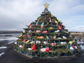 A Christmas tree made of lobster traps is seen on Cape Sable Island, on Nova Scotia's South Shore, on Dec. 11, 2016.