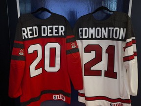 Team Canada jerseys hang in the Edmonton Oilers' Hall of Fame room at Rogers Place during a press conference to announce that the 2021 IIHF World Junior Championship will be held in Edmonton and Red Deer, in Edmonton Thursday Dec. 6, 2018.