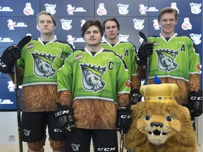 Connor McDonald, left, Trey Fix-Wolansky, Ethan Cap, and Wyatt McLeod unveil the Edmonton Oil Kings 2018 Teddy Bear Toss jersey on Monday, Dec. 3, 2018 in Edmonton. The Edmonton Oil Kings Teddy Bear Toss takes place on Saturday, Dec. 8, 2018 when the Oil Kings host the Kamloops Blazers at Rogers Place.