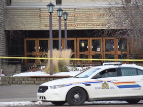 RCMP cruisers stage outside the Strathcona County Community Centre and county hall in Sherwood Park on Wednesday, Nov. 7, 2018.