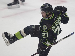 Edmonton Oil Kings Trey Fix-Wolansky (27) celebrates his first period goal against the Regina Pats on Wednesday, Dec. 5, 2018, in Edmonton.