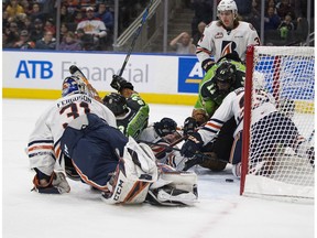 Edmonton Oil Kings Jalen Luypen (23) scored the first goal of the annual Teddy Bear Toss against the Kamloops Blazers on Saturday, Dec. 8, 2018, at in Edmonton.