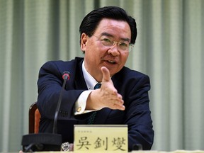 In this file photo taken on May 1, 2018, Taiwan Foreign Minister Joseph Wu gestures during a press conference in Taipei.