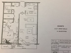 Sketch of the crime scene at the apartment building (12051 Bath Road in Richmond) where the murdered happened in September 1994.