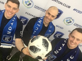 FC Edmonton named Lars Hirschfeld, middle, as goalkeeping coach Thursday at the Edmonton Soccer Dome, where goalkeepers and local products Connor James, left, and Dylon Powley were also named to the team's roster.