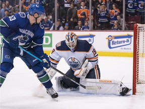 Bo Horvat of the Vancouver Canucks is stopped by goalie Mikko Koskinen of the Edmonton Oilers on Jan., 16, 2019 at Rogers Arena in Vancouver.