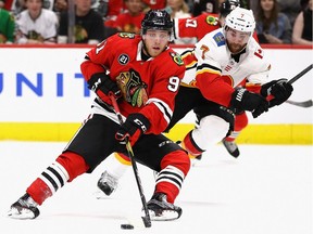 Drake Caggiula plays with the Chicago Blackhawks at the United Center on Jan. 7, 2019 in Chicago.