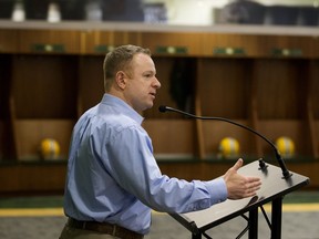 Edmonton Eskimos general manager and vice-president of football operations Brock Sunderland speaks to the media about changes in the team's coaching and football operations during a news conference at Commonwealth Stadium in Edmonton on Thursday, Jan. 3, 2019.