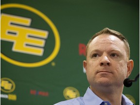 Edmonton Eskimos general manager and vice-president of football operations Brock Sunderland speaks to the media about changes in the team's coaching and football operations during a news conference at Commonwealth Stadium in Edmonton on Thursday, Jan. 3, 2019.