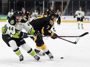 Edmonton's Carter Souch, left, battles Brandon's Vincent Iorio during a WHL hockey game between the Edmonton Oil Kings and the Brandon Wheat Kings at Rogers Place in Edmonton on Tuesday, Jan. 29, 2019.