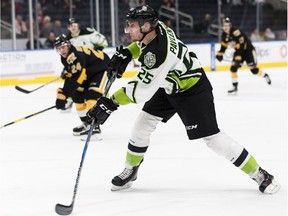 Edmonton's Andrei Pavlenko fires a slapshot during a WHL hockey game between the Edmonton Oil Kings and the Brandon Wheat Kings at Rogers Place in Edmonton on Tuesday, Jan. 29, 2019.
