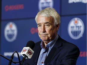 Bob Nicholson, CEO and Vice-Chair, Oilers Entertainment Group, speaks at Rogers Place about his firing of General Manager Peter Chiarelli in Edmonton, on Wednesday, Jan. 23, 2019.