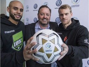 Kyle Porter, left, of York9  CPL Commissioner, David Clanachan, middle, and Kyle Becker of Forge FC at the announcement of the CPL's first game. Press conference  in Toronto, Ont. on Tuesday January 29, 2019.