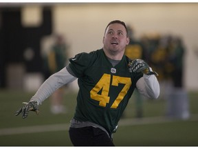 J.C. Sherritt is back practicing with the Edmonton Eskimos on Friday November 17, 2017, after missing most of the season.