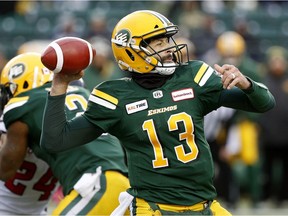 Edmonton Eskimos quarterback Mike Reilly looks for a receiver during CFL game action against the Ottawa Redblacks in Edmonton on Saturday October 13, 2018.