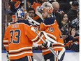 Edmonton Oilers goalie Cam Talbot (33) is pulled and goalie Mikko Koskinen (19) takes over in net against the Carolina Hurricanes during first period NHL action in Edmonton, Alta., on Sunday, January 20, 2019.