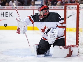 Canada goalie Michael DiPietro makes a blocker save during first period IIHF world junior hockey championship action against Russia, in Vancouver on Monday, Dec. 31, 2018.