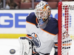 Edmonton Oilers goaltender Cam Talbot makes a save during the second period of an NHL hockey game against the Anaheim Ducks Sunday, Jan. 6, 2019, in Anaheim, Calif.