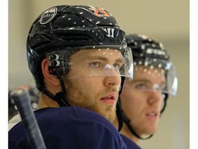 Edmonton Oilers Leon Draisaitl (left) and Connor McDavid at team practice in Edmonton on Tuesday February 6, 2018.