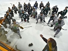 The Sherwood Park Crusaders, in first place in the AJHL North Division, gather for instructions during practice in Sherwood Park on Friday, Jan. 25, 2019.