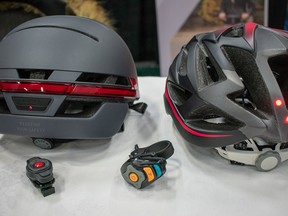 Multi-sport helmets with built in lights and turn indicators, that when connected to an app can also allow you to make phone calls and a lot more. Photos by Andrei Roman.