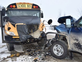 Mounties said the vehicle involved in the collision is a Fountain Tire truck reported stolen out of Drumheller on Jan. 15 which has been linked to a break-and-enter in Bashaw and a reported shooting in Three Hills. (Provided / Blackfalds RCMP)