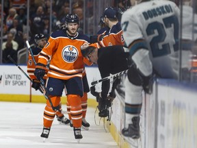 Edmonton's Oscar Klefbom (77) celebrates a goal with teammates during the second period of a NHL game between the Edmonton Oilers and the San Jose Sharks at Rogers Place in Edmonton, Alberta on Wednesday, March 14, 2018.