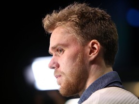 Connor McDavid of the Edmonton Oilers speaks to the media during the 2019 NHL All-Star Media Day on January 24, 2019 in San Jose, California.
