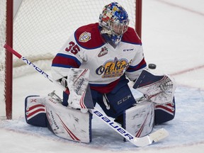 Edmonton Oil Kings goaltender Todd Scott (35) makes a save against the Lethbridge Hurricanes during first period WHL action on Sunday, Jan. 13, 2019  in Edmonton.