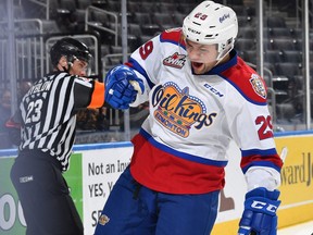 Edmonton OIl Kings forward Zach Russell celebrates his goal against the Calgary Hitmen at Rogers Place on Dec. 28, 2018.
