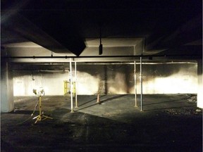 A blackened area in the lower level of the Strathcona County Community Centre parkade, where an explosion destroyed multiple vehicles on Nov. 6, 2018. The posts were put in place as a precaution while heavy machinery was in the parkade removing vehicles.