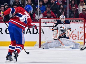 MONTREAL, QC - FEBRUARY 03:  Shea Weber #6 of the Montreal Canadiens takes a shot on goaltender Mikko Koskinen #19 of the Edmonton Oilers during the NHL game at the Bell Centre on February 3, 2019 in Montreal, Quebec, Canada.