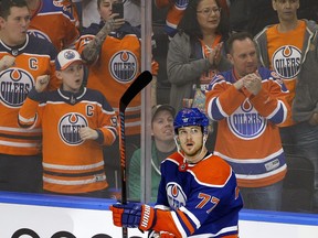 Edmonton Oilers Oscar Klefbom gets a standing ovation after scoring his game winning goal late in the third period in NHL hockey game action in Edmonton on Thursday November 29, 2018. The Oilers defeated the Kings by a score of 3-2.