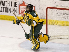 University of Alberta Pandas' Halle Oswald (1) celebrates her game winning save against the University of Lethbridge Pronghorns during Canada West action at Clare Drake Arena, in Edmonton November 16, 2018. The Pandas won 1-0 in a shoot out.