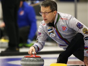 Skip Dale Goehring shoots during a game against the Sluchinski rink at the 2019 Alberta Boston Pizza Cup Men's Curling Championship at Ellerslie Curling Club in Edmonton, on Wednesday, Feb. 6, 2019. Photo by Ian Kucerak/Postmedia