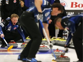 Third Glen Kennedy calls a shot during a game against the Leach rink at the 2019 Alberta Boston Pizza Cup Men's Curling Championship at Ellerslie Curling Club in Edmonton, on Wednesday, Feb. 6, 2019.