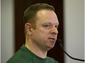 Edmonton Eskimos' General Manager and VP of Football Operations Brock Sunderland discusses the team's free agent signings during a press conference at Commonwealth Stadium, in Edmonton Tuesday Feb. 12, 2019.