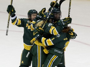 The University of Alberta Pandas celebrate their first period goal against the Saskatchewan Huskies during Game 2 of their Canada West Conference semifinal series in Edmonton on Saturday, Feb. 23, 2019.