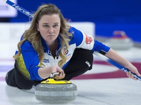 Alberta skip Chelsea Carey delivers a rock as they play Ontario in finals action at the Scotties Tournament of Hearts in Sydney, N.S. on Sunday, Feb. 24, 2019.