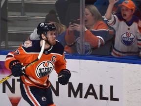 Edmonton Oilers Connor McDavid scores the overtime goal defeating the New York Islanders 4-3 during NHL action at Rogers Place in Edmonton, February 21, 2019.