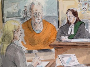 In this artist's sketch, Bruce McArthur makes an appearance via video in a Toronto courtroom, April 11, 2018. THE CANADIAN PRESS/Alexandra Newbould