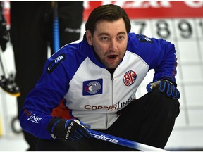 Skip Ted Appelman calling to the sweepers while playing against Team Harty during draw 2 of the 2018 Boston Pizza Cup Alberta Men's Curling Championship at Grant Fuhr Arena in Spruce Grove, January 31, 2018. Ed Kaiser/Postmedia Photos for Terry Jones stories running Thursday, Feb. 1 and others through the weekend.